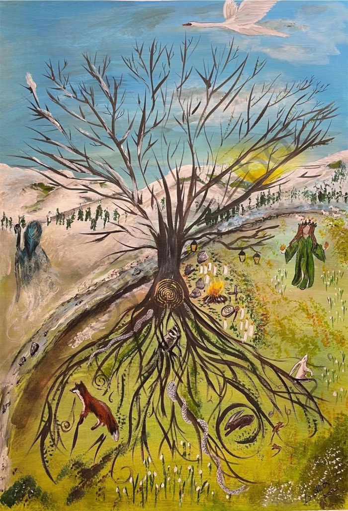 “Painting by Wyn Abbot showing a seasonal landscape divided between winter and spring: the Cailleach on a snowy hillside, Brigid in green on the spring side, a bare tree with spiralled roots, animals, lanterns, snowdrops, and a swan flying overhead.”